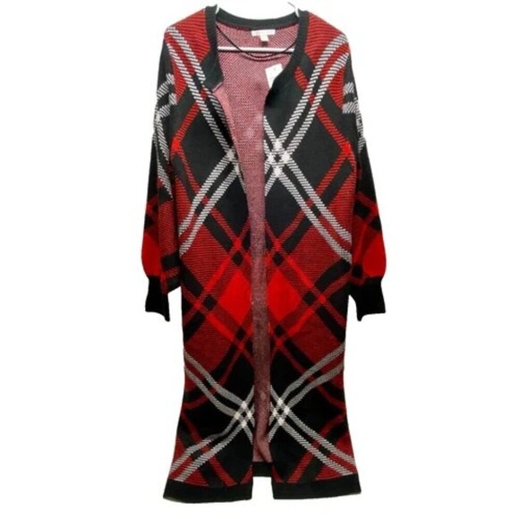 Cato Fashions Open Front Long Cardigan Duster Women's Large Black Red Plaid NWT - Picture 1 of 13
